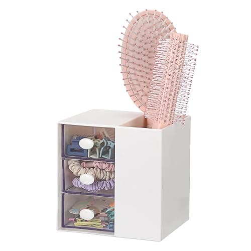 GUSHBIN Hair Accessories Organizer with Hair Brush Holder Cosmetic Storage Case with Drawer for Makeup Sponge Plastic Desktop Organizer, White - Image 1