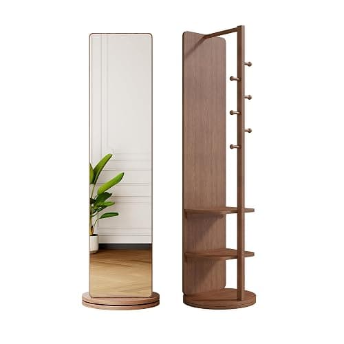 360° Rotating 66"x14" Multifunctional Full Length Mirror with Hook Storage Rack Coat Rack with Mirror Solid Wood Floor Mirror Bedroom Living Room Cloakroom Space Saving (Walnut) - Image 1