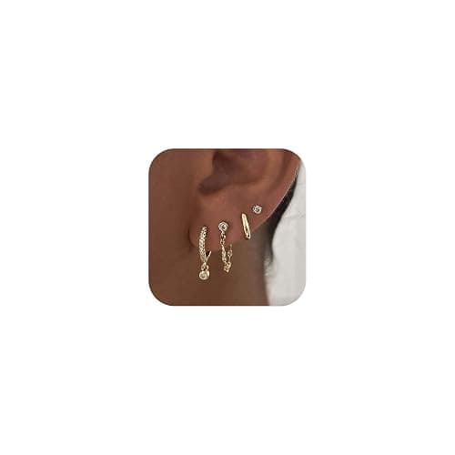 Fwlisesa Gold Earrings for Women, 14k Gold Plated CZ Chain Earring Stacks Dainty Gold Hoop Earrings Set Hypoallergenic Huggie Earrings for Women Trendy Fashion Non Tarnish Jewelry Set for Womens - Image 1