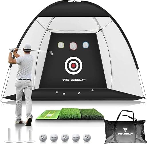 TS GOLF - Golf Practice Net - Indoor & outdoor 10x7ft - XL Tri-Turf Golf driving net and Mat, 5 Balls, 3 Rubber Tees, Carry Bag, Chipping net, golf nets for backyard driving - Image 1