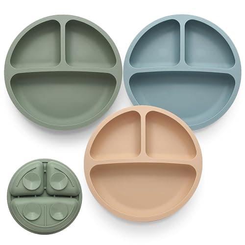 Eascrozn Toddler Plates 3 Pack, Divided Suction Plates for Baby, 100% Food Grade Silicone Baby Plates, Non-Slip, Baby Led Weaning Supplies, Microwave & Dishwasher Safe - Blue - Image 1