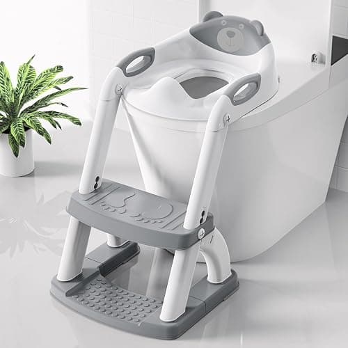 SKYROKU Potty Training Toilet, New Sector-Shape Stabilized Base two in one Toddler Toilet Seat with Splash Guard, Anti Slip Pad, and Step Stool Enamel Grey - 8898-grey - Image 1