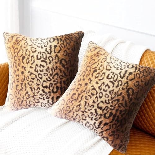 Entua Faux Fur Throw Pillows, Set of 2 Decorative Square Couch Pillow Covers, 20x20 Leopard Cheetah Print Luxury Soft Plush Pillowcase for Sofa, Bed & Living Room Decor, Brown Gold - Image 1