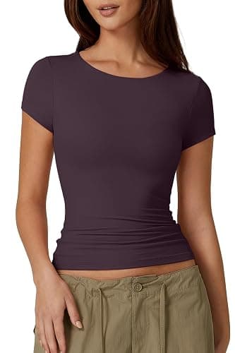 QINSEN Women's Crew Neck Short Sleeve Tees Double Lined Slim Fit T Shirt Basic Y2K Tops - Image 1