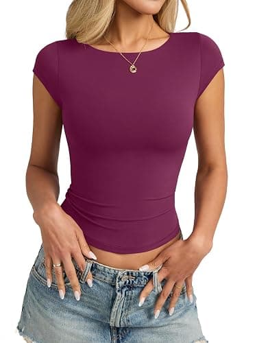 EasyGala Womens Double Lined Cap Sleeve Tops Cute Boat Neck T Shirts Slim Fitted Going Out Tees Y2k Summer Clothes 2026 - Image 1