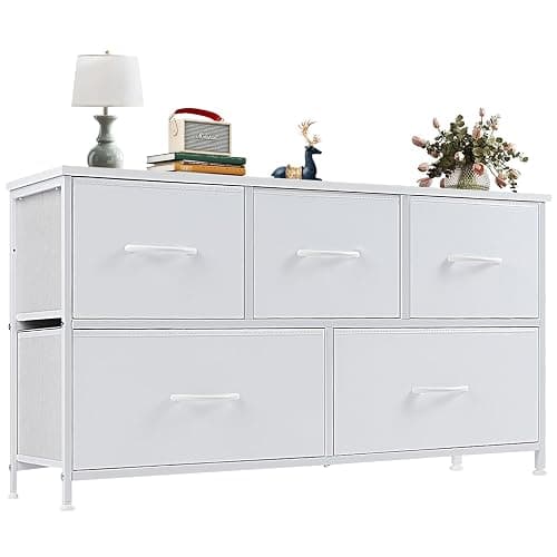 OLIXIS Dresser for Bedroom with 5 Drawers, Wide Chest of Drawers, Fabric Bedroom Dresser with Drawer Organizers, Storage Organizer Unit with Fabric Bins for Closet, Living Room, Hallway, Classic White - Image 1