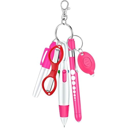 MotiMind 6 Pcs Nurse Pen Set Include Permanent Marker Pen Retractable Ballpoint Pen Keychain Clip Foldable Scissors Lights LED Flashlight Keychain for Nurse Accessories(Pink) - Image 1