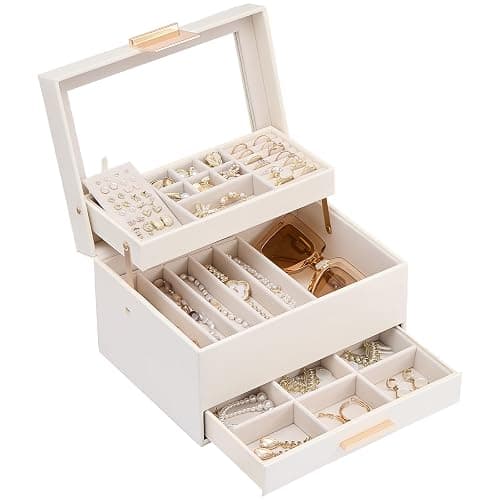 Lolalet Jewelry Box, Clear Window Jewelry Organizer with Drawer for Earrings Bracelets Necklaces Rings, Jewelry Storage for Women -White, 3 Layers - Image 1