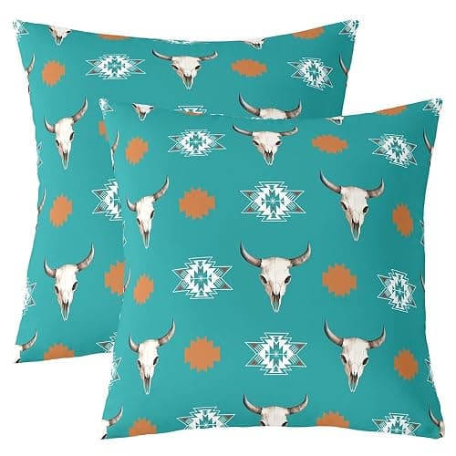 jejeloiu Western Throw Pillow Covers Set of 2 Cow Skull Decorative Pillowcase Teal Cushion Covers for Sofa Couch Bed Southwestern Cushion Case Home Decor 20 x 20-Inch - Image 1