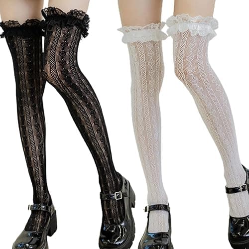 EHOTER Lolita Fischnetz Oberschenkelhohe Socken Herz Gestreift Spitze Rüschen Overknee Strümpfe Damen Kniestrümpfe Mädchen Spitze Netzstrümpfe Lolita Lose Socken Halloween Kostüme - Image 1
