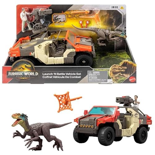 Mattel Jurassic World Rebirth Vehicle with 1 Human & 1 Dinosaur Figure, Launch ‘N Battle Truck, Martin Krebs Figure & Raptor, Turret & 2 Projectiles - Image 1