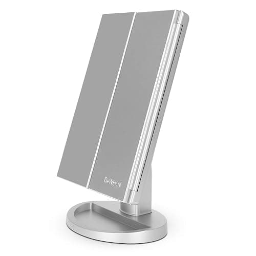 deweisn Tri-Fold Lighted Vanity Tabletop Mount Mirror with 21 LED Lights, Touch Screen and 3X/2X/1X Magnification, Two Power Supply Modes Make Up Mirror,Travel Mirror - Image 1