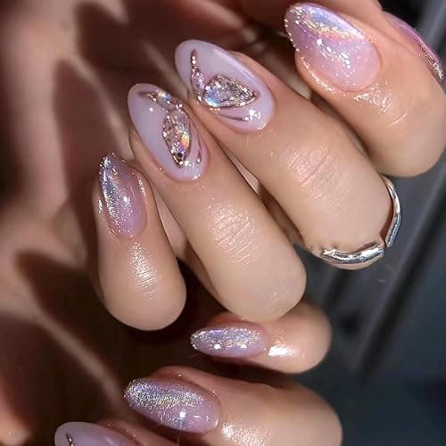 Press On Nails on 24PCS for Women and Girls, Stick on Nails,Almond Medium Shape Fake False Nails, (Purple Butterfly, Almond) - Image 1