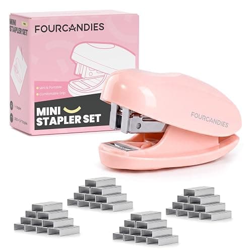 Four Candies Mini Stapler with 2000 Staples,Pink Small Cute Desk Stapler | 25-Sheet Capacity, Jam-Free Tiny Stapler for Office, School, Home Built-in Staple Remover - Image 1