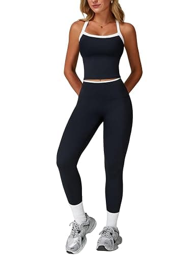 PQBPQB Women 2 Piece Workout Sets Padded Criss Cross Back Crop Tank High Waist Tummy Control Active Leggings Sets Yoga Outfit - Image 1