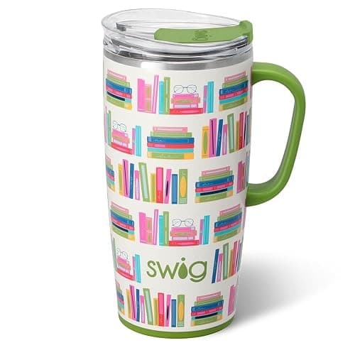 Swig Life 22oz Travel Mug, Insulated Teacher Tumbler with Handle and Lid, Travel Coffee Mug, Cup Holder Friendly, Stainless Steel 22 oz Tumbler, Teacher Gift (Book Club) - Image 1