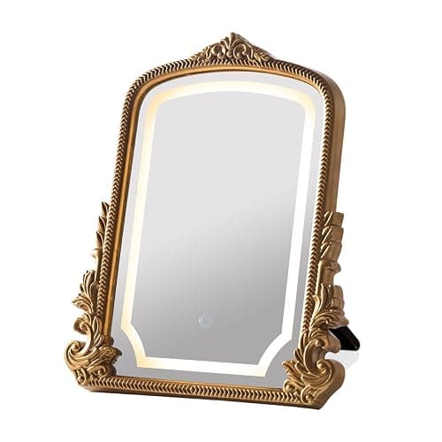 HSDDHOME Vintage Vanity Mirror with Three-Color Lighting, Antique Gold Carved Arch Table Mirror, 16x20 Makeup Mirror for Dressing Room, Bedroom & Boho Decor - Image 1