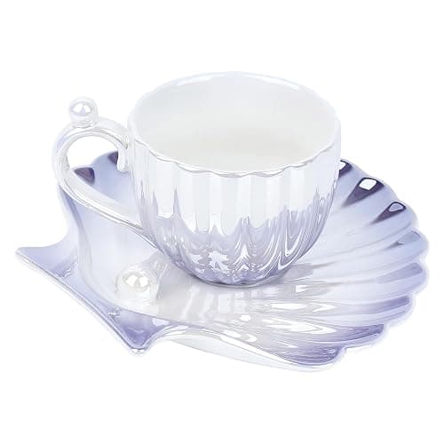 DODAMOUR Pearl Shell Cup and Saucer Set, 8oz Gradient Purple Ceramic Coffee Mug with Finish and Pearl Handle, Vintage Tea Cup with Shell Plate for Cappuccino, Latte, Home or Gift (Purple) - Image 1