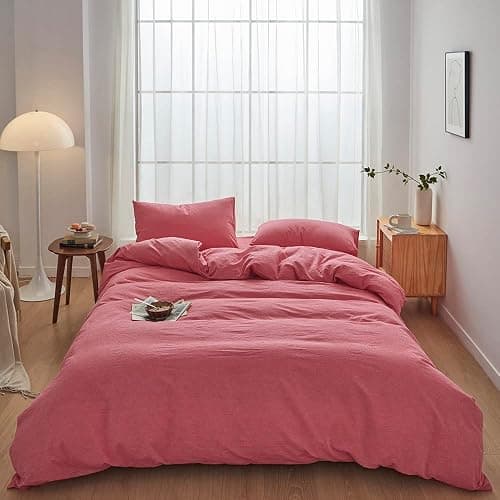 FACE TWO FACE Bedding Duvet Cover Set100% Washed Cotton Duvet Cover Linen Like Textured Breathable Durable Soft Comfy (King, Red) - Image 1