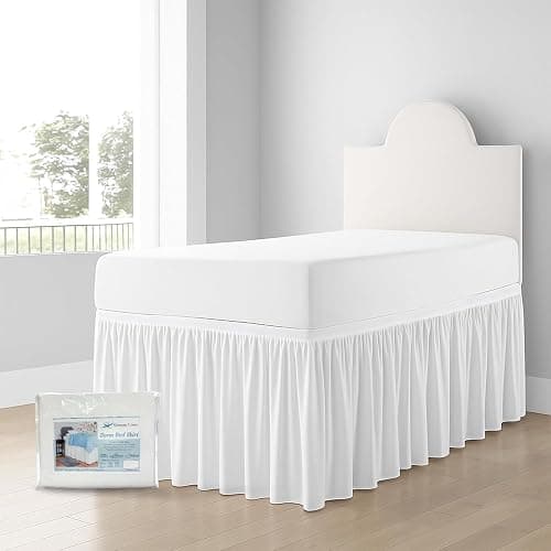 Shreem Linen Dorm Bed Skirt Twin XL 50 Inch Drop, 100% Microfiber Extra Long College Dust Ruffle Bedskirt, White - Image 1