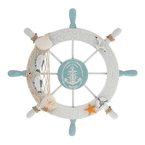 Rienar Nautical Beach Wooden Boat Ship Steering Wheel Fishing Net Shell Fish Home Wall Décor(11" Diameter) - Image 1