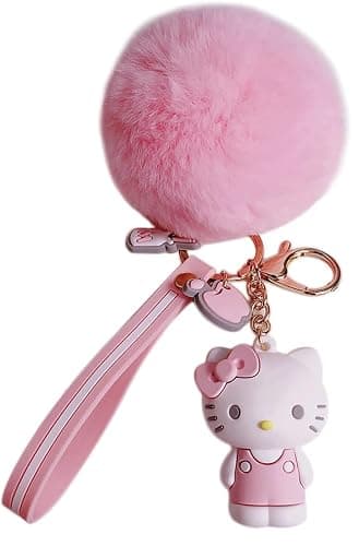 PaPiJoJo Cute Keychains for Girls, Kawaii Pom Pom Fuzzy Key Chain Accessories Wristlet Cartoon Keychain - Image 1