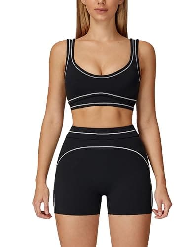 QBGJTD Two Piece Workout Sets for Women Color Block Sports Bra and High Waist Shorts Gym Yoga Active Wear Outfits - Image 1