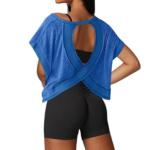 UNIANKIYA Open Back Workout Tops for Women Loose Fit Athletic Crop Tee Short Sleeve Gym Running Yoga Shirt - Image 1