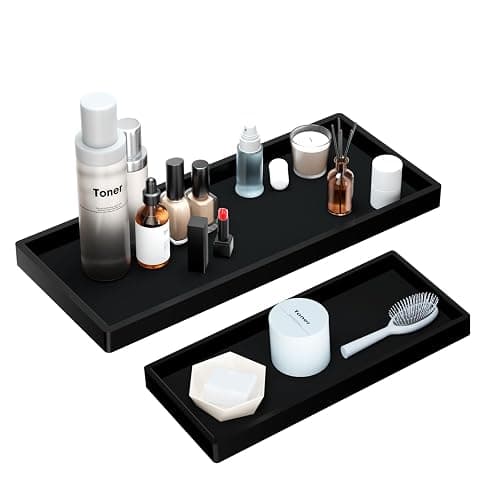 BBK Bathroom Vanity Tray- 2 Pack (7.8" and 11.8") Silicone Bathroom Tray for Counter, Perfume Key Trinket Ring Tray, Decor Soap Dispenser Countertop Tray for Kitchen Sink Organization.(Black) - Image 1