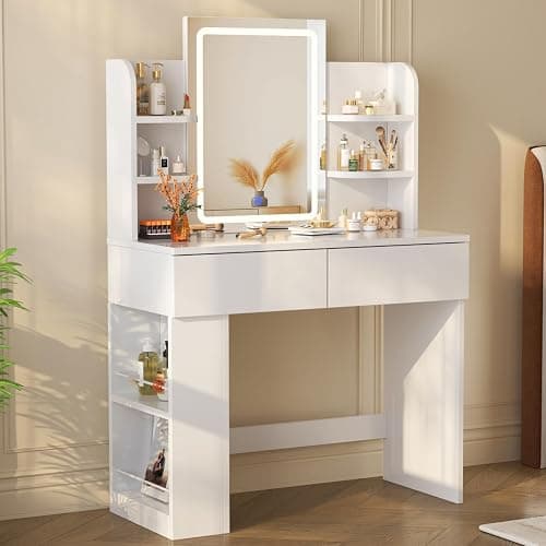 Devoko Dressing Table with LED Lighting Mirror,3 Light Colors,Adjustable Brightness,Vanity Table,Makeup Desk with 2 Drawers and 4 Storage Shelves, 90 x 40 x 135 cm, Modern White - Image 1