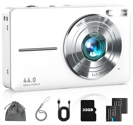 Digital Camera FHD 1080P Kids Camera with 16X Zoom Anti Shake 32GB Card, Small Compact Point and Shoot Camera Gift for Teen Starter Children Kid Student Girl Boy, Pearl White - Image 1