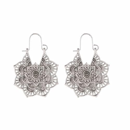 Boho Antique Carved Flower Dangle Drop Earrings for Women Vintage Retro Handmade Hollowed Antiqued Bronze Floral Shaped Geometric Gold Silver Plated Hoop Earrings for Ethnic Style Jewelry Gifts - Image 1