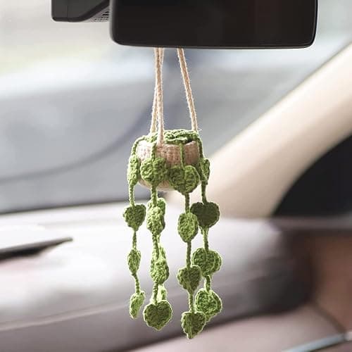 Cute Crochet Plant for Rear View Mirror, Boho Handmade Car Mirror Hanging Accessory for Women & Girls, Green Interior Aesthetic Decor Truck Hanger Ornament Charm - Image 1
