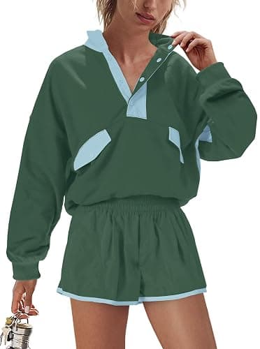 LAMISSCHE Work out Sets Gym for Women Sweatsuits 2 Piece Set Long Sleeve Top & Shorts Active Wear Sets with Pockets - Image 1