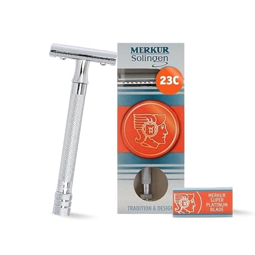 MERKUR 23C Double Edge Safety Razor - Polished Chrome, Long Knurled Brass Handle, Made in Germany, Plastic-Free, Three Piece Design, Closed Comb, Straight Bar - Image 1