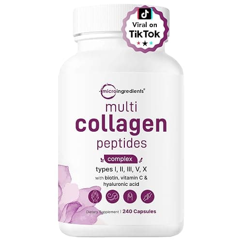Micro Ingredients Multi Collagen Pills for Women & Men, 240 Capsules | Type I, II, III, V, X | Hydrolyzed Peptides with Biotin, Hyaluronic Acid, & Fat Soluble Vitamin C Complex | Non-GMO, Filler Free - Image 1