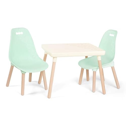 B. Spaces by Battat – Kids Furniture Set – 1 Craft Table & 2 Kids Chairs with Natural Wooden Legs (Ivory and Mint) - Mint - Image 1