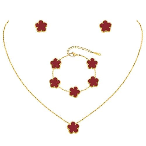 Gold Necklaces Bracelets Earring Set - 18K Gold Plated Flower Bracelet Chain,Stainless Steel Non Tarnish Floral Pendant Stud Jewelry Sets,Christmas Birthday Lucky Gift for Mom Wife Daughter Girlfriend - Image 1