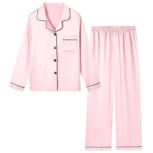 Schbbbta Girls & Women Pajamas Set, 2 Piece Satin Silky Pjs Button-Down Kids Sleepwear, 3 Years - XX-Large - Image 1