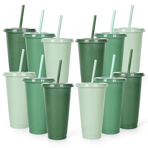 Whaline 12Pcs Sage Green Plastic Cups with Flat Lids and Straws, 24 Oz Gradient Green Reusable Tumbler Travel Mug Cup Party Drinkware Decor for Iced Coffee Beverage Drinks Party Supply - Image 1