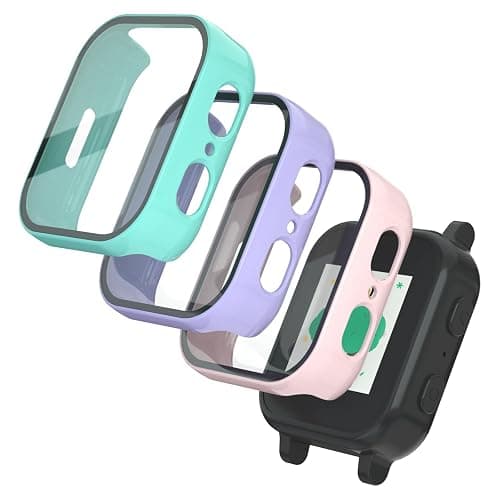 SimpleThings Compatible with Gabb Watch 3e/ 3 Screen Protector, 3Pack HD Clear Tempered Glass Screen Protector & Hard PC Protective Bumper for Boys Girls, Not Compatible with Gizmo (Teal+Purple+SandPink) - Image 1