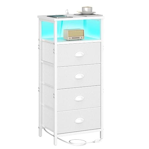 sthmec Nightstand with Charging Station,LED White Nightstand with 4 Fabric Drawers PU Finish, Bedside End Tables, 2-Tier Open Storage Shelf Side Table Nightstand with Drawers for Bedroom,White - Image 1