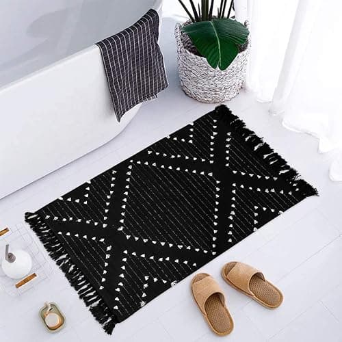 LIVEBOX Boho Black Bathroom Rug 2x3 Bath Mat, Washable Cotton Woven Throw Rugs, Small Accent Rug for Front Door Outdoor Entryway, Kitchen - Image 1
