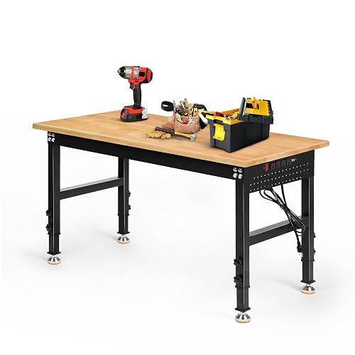 Betterhood Adjustable Height Workbench, 48" Rubber Wood Top Heavy Duty Workstation with Power Outlets, 2000 LBS Load Capacity Hardwood Worktable for Workshop, Garage, Office, Home, Commercial - Image 1