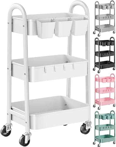 3 Tier Heavy Duty White Metal Rolling Cart with Lockable Wheels, Three Tier Roller Book Snack Cart, Utility Storage Organizer Carts for Kitchen, Bathroom, Garage, Baby Diaper, Craft, Art, Teacher - Image 1