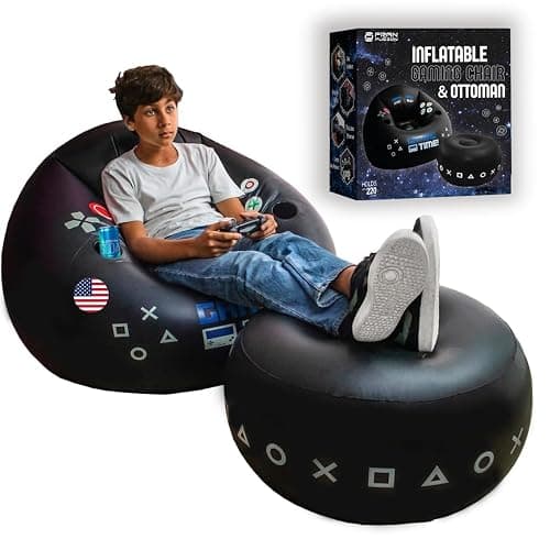 FranFusion Inflatable Gaming Chair for Kids & Teens with Cup Holders and Side Pocket - This Air Bean Bag Game Chair is The Perfect Furniture for Gamer Room Décor (Gaming Time with Ottoman) - Blue GTw/Ottoman - Image 1