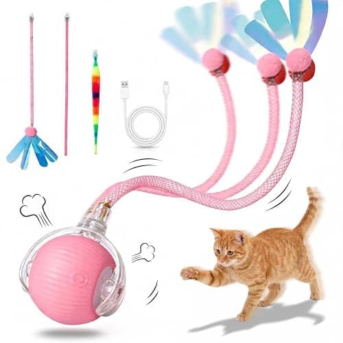 Interactive Cat Toy Ball, Automatic Cat Toys for Indoor Cats with 3 Modes | LED Light, 3 Replaceable Tails, Rechargeable Rolling Toy with Smart Sensor for Kittens & Adult Cats,USB Rechargeable - Image 1