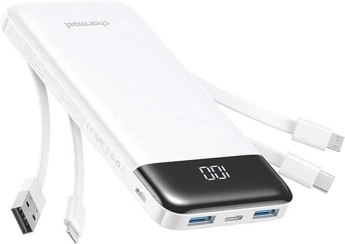 Charmast Portable Charger with Built in Cables, Power Bank with Cords Wires, Slim 10000mAh Travel Battery Pack 6 Outputs 3 Inputs 3A Fast Charging for Samsung Google Pixel LG Moto iPhone iPad - Image 1