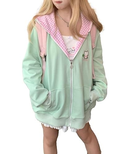 Dynict Womens Y2K Zip Up Cute Graphic Hoodies Cat Ears Casual Cartoon Harajuku Kawaii Clothes Oversize Streetwear Jacket - Image 1