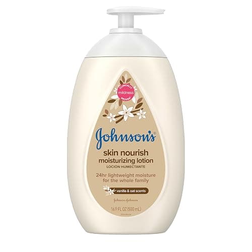 Johnson's Skin Nourish Moisturizing Baby Lotion for Dry Skin with Vanilla & Oat Scents, Gentle & Lightweight Body Lotion for the Whole Family, Hypoallergenic, Dye-Free, 16.9 fl. oz - Image 1